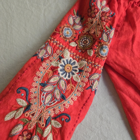 Johnny Was Maisie Peasant Tie Blouse Red  Embroidered Linen Top - Picture 7 of 11